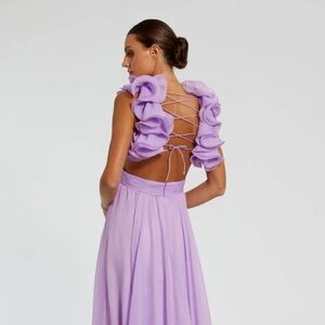 MAC DUGGAL Purple Ruffle Tiered Cut-Out Chiffon Gown